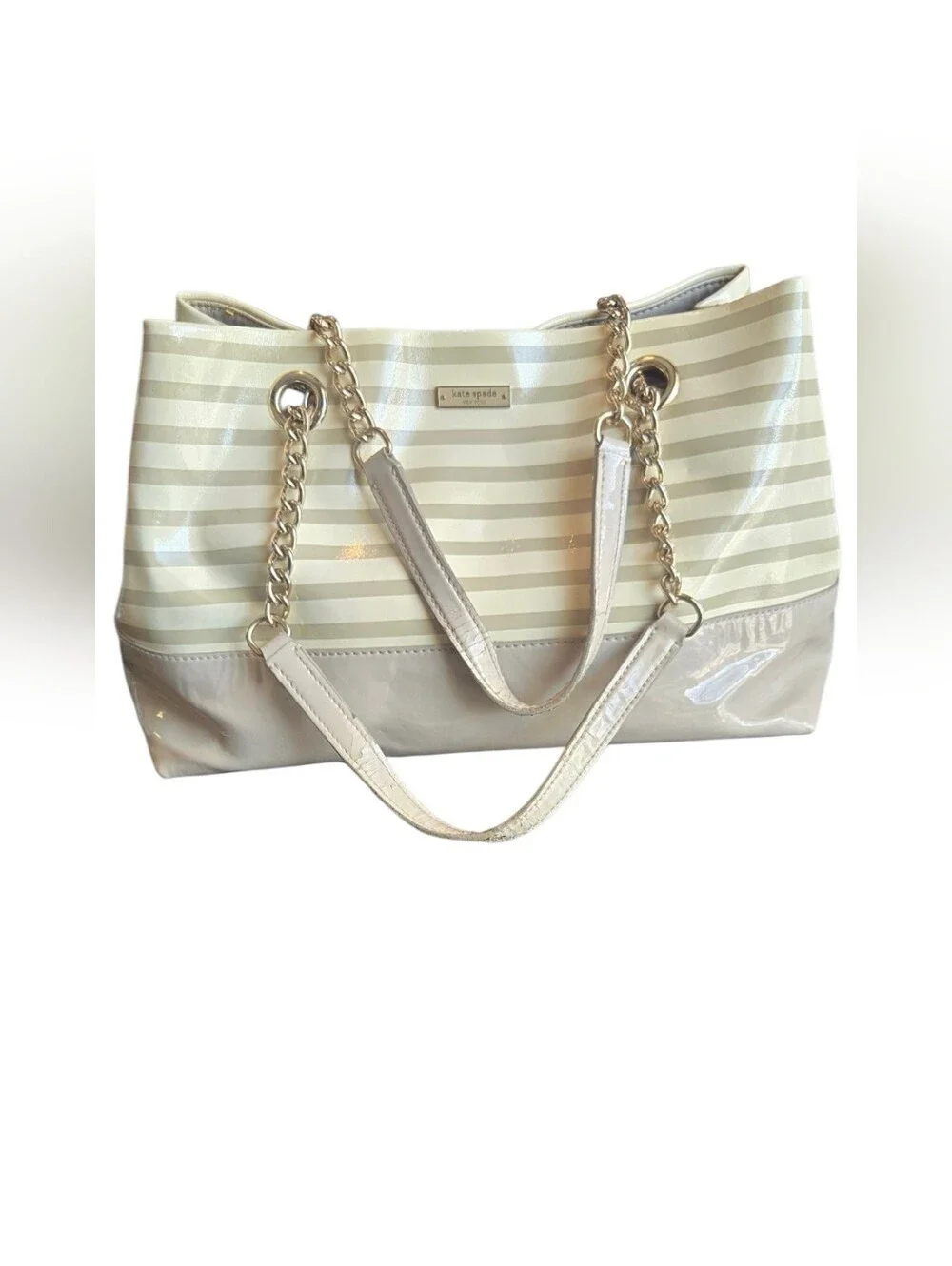 ​Kate Spade Striped Patent Leather Tote Chain Shoulder Bag Cream Beige